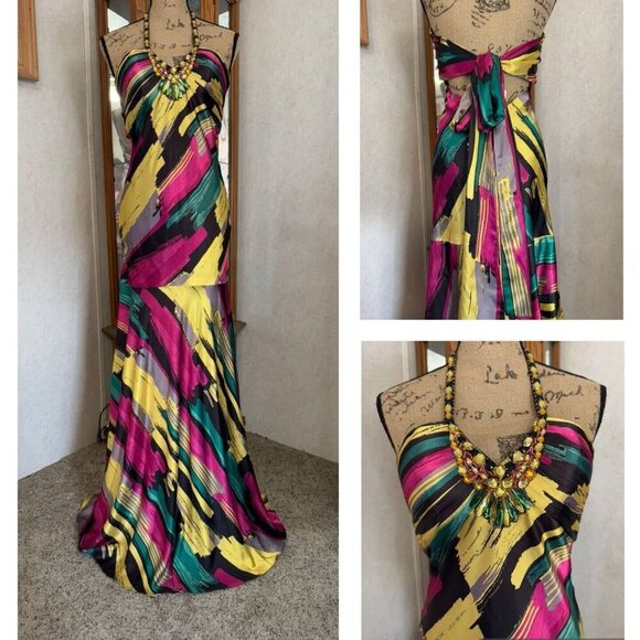 TIFFANY Rainbow Satin Silky Halter Tie Back Maxi Dress Gown Sz 8 Prom Drop Waist - Picture 1 of 12